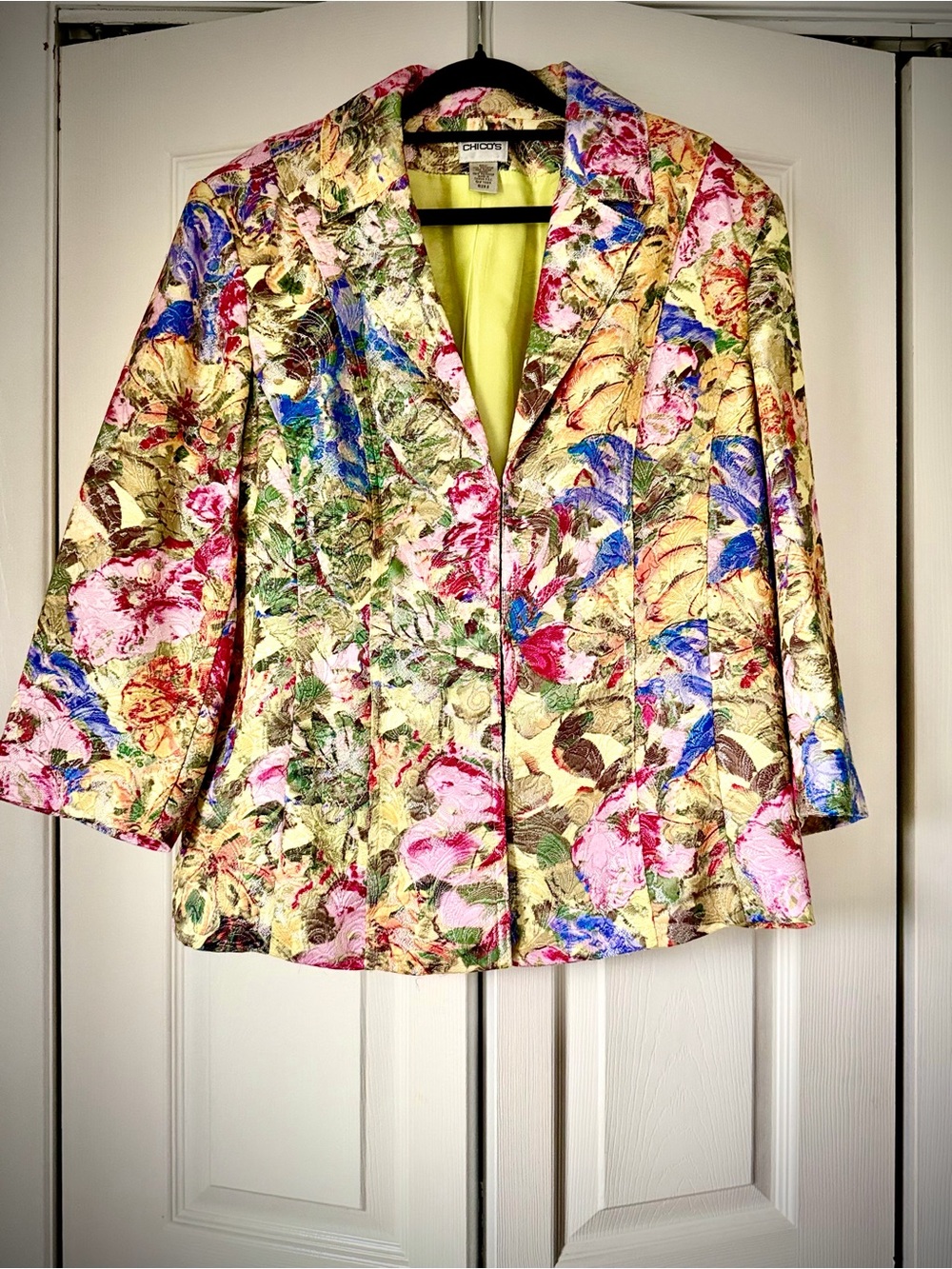 Chico's Yellow Floral Brocade Blazer with Multicolor Bloom